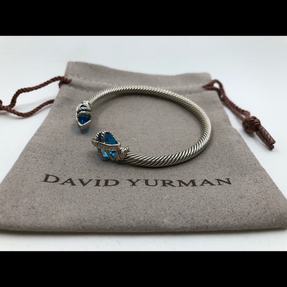 David Yurman Blue Topaz Cable Wrap Bangle Diamonds - Picture 3 of 7